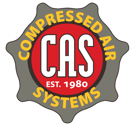 CAS Compressed Air Systems logo: red circle with white CAS letters, gray scalloped badge, EST. 1980, yellow text around the ring.