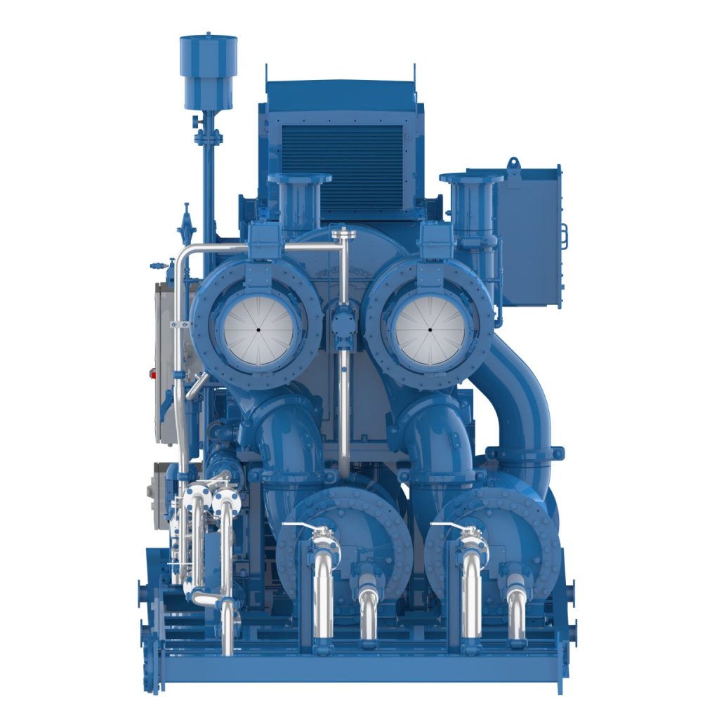 Industrial blue pump and valve assembly with circular flanges and extensive piping, viewed from the front.