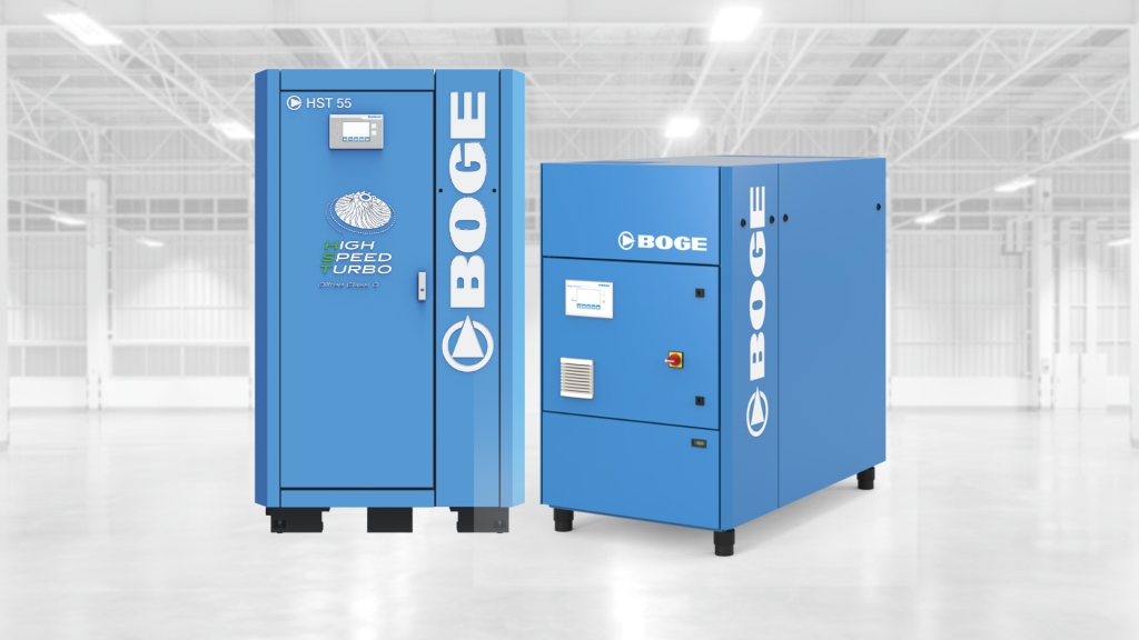 Blue HST 55 high-speed turbo compressor with a control panel, paired with a BOGE cabinet in a bright industrial hall