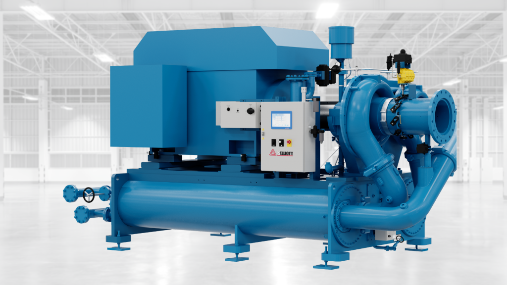 Large blue industrial pump/compressor system with a control panel in a clean factory setting.